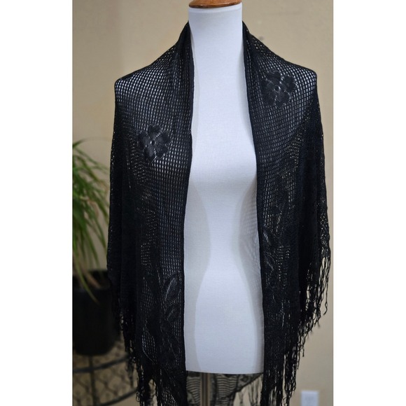 Unbranded Accessories - Crochet Floral Shawl Indie Romantic Black Fringe Whimsigoth Boho Evening Fairy